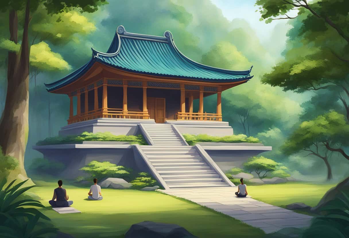 A serene temple nestled in a lush, tranquil setting with people practicing meditation and prayer