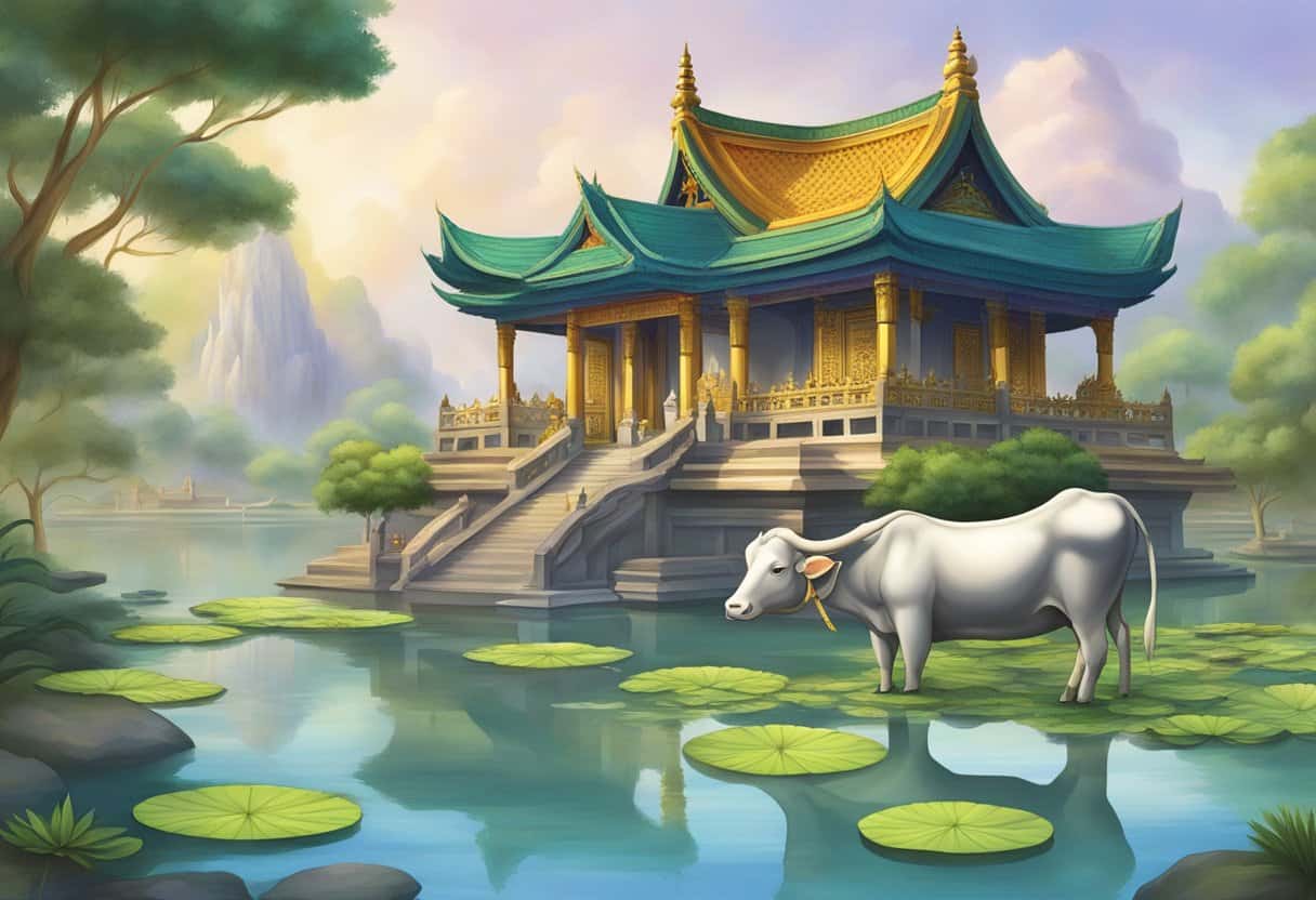 A serene temple with a lotus pond, sacred cow, and colorful deities