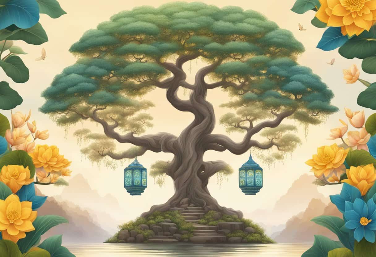 A serene Bodhi tree stands tall, with a golden dharma wheel at its base, surrounded by colorful lotus flowers