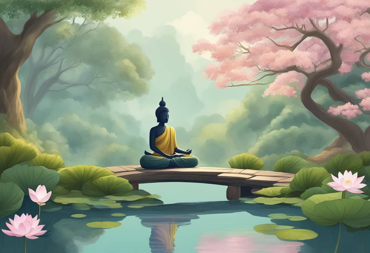 A serene garden with a blooming lotus pond, a Bodhi tree, and a peaceful meditating figure