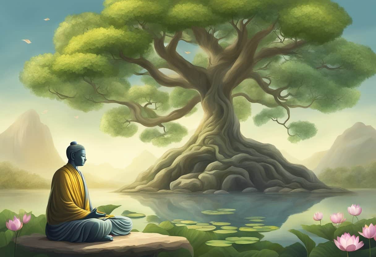 A serene garden with a Bodhi tree, lotus flowers, and a peaceful meditating figure representing the concept of dharma in Jainism