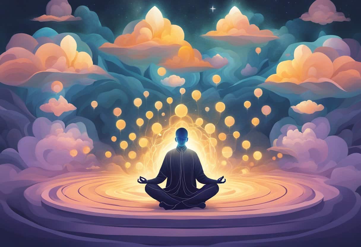 A serene, meditative figure sits cross-legged, surrounded by floating question marks and a glowing aura, symbolizing the search for enlightenment through the exploration of dharma