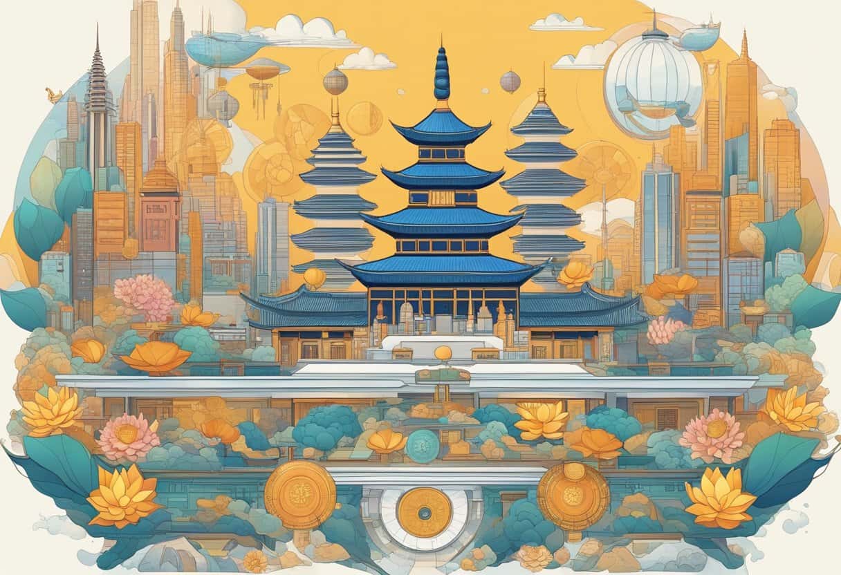 The scene depicts various symbols of dharma integrated into modern society and culture, such as a lotus flower, the wheel of dharma, and the yin and yang symbol, all surrounded by contemporary buildings and technology