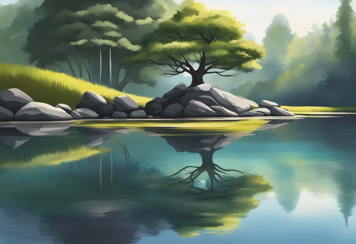 A serene pond reflecting a balanced landscape of light and dark, with a tree on one side and a rock on the other
