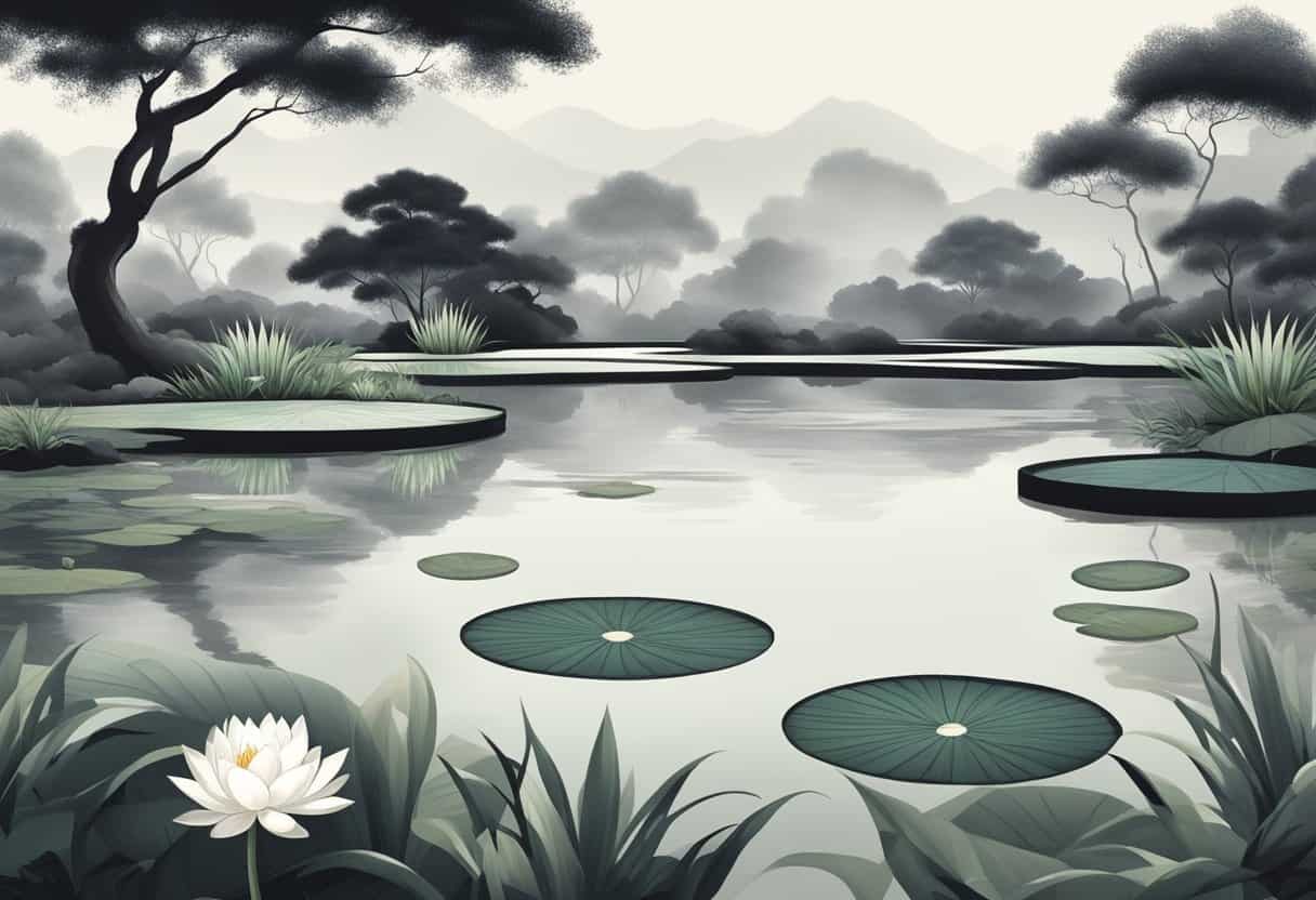 A serene garden with a balanced mix of dark and light elements, such as a tranquil pond with both black and white lotus flowers, surrounded by harmonious yin yang symbols integrated into the natural landscape