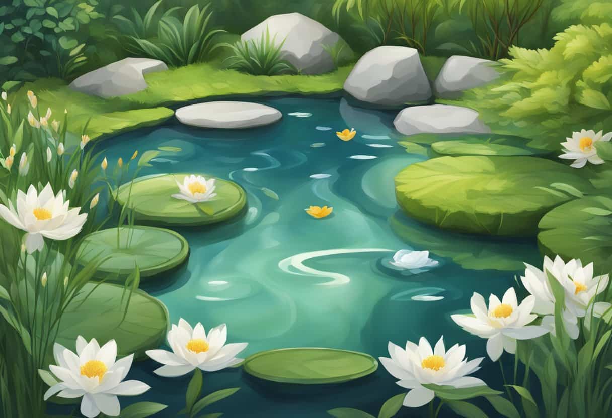 A serene garden with yin yang symbols in the form of a peaceful pond, surrounded by balanced elements of nature