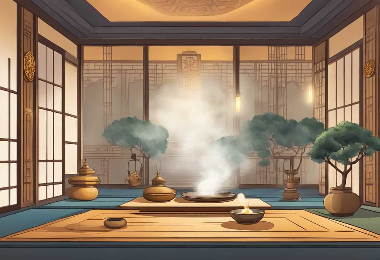 Buddhist meditation and practice scene with incense, cushions, and a serene atmosphere