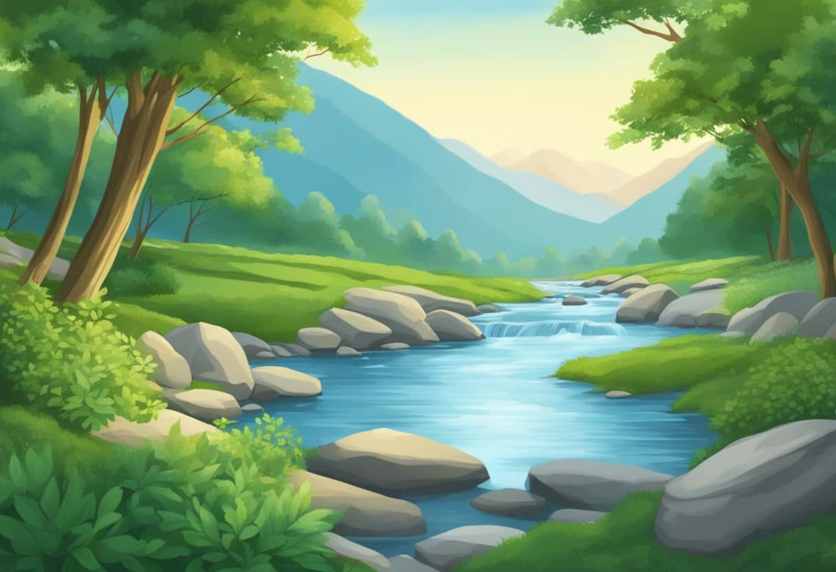 The scene depicts a serene landscape with a flowing river, lush greenery, and a clear blue sky, with the Rig Veda text inscribed on a stone tablet