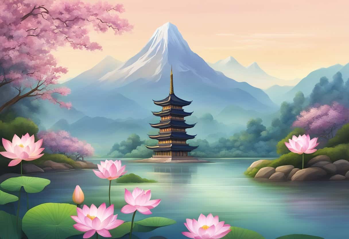 A serene mountain landscape with a towering pagoda and blooming lotus flowers surrounding a peaceful river