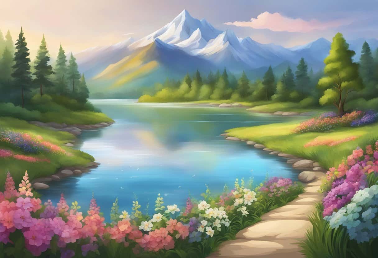 A serene mountain landscape with a tranquil river flowing through, surrounded by lush forests and colorful flowers in bloom