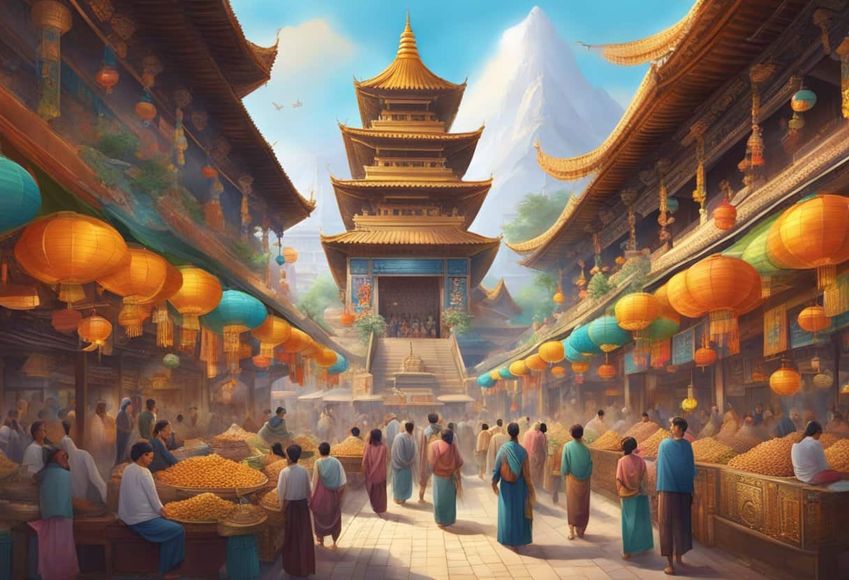 A vibrant temple adorned with intricate carvings and colorful banners, surrounded by bustling markets and people in traditional clothing