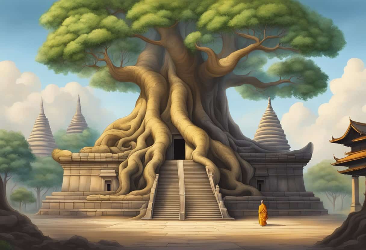 A serene Bodhi tree stands tall, surrounded by ancient temples and monks in deep meditation, symbolizing the historical origins and development of Mahayana Buddhism