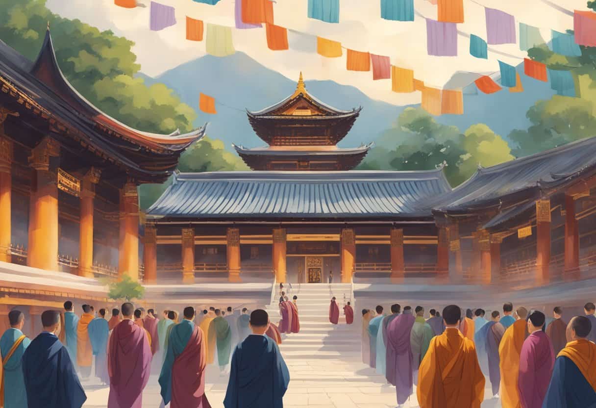 Colorful banners hung from the ancient temple, while monks chanted in the courtyard. Incense filled the air as students gathered for a traditional ceremony