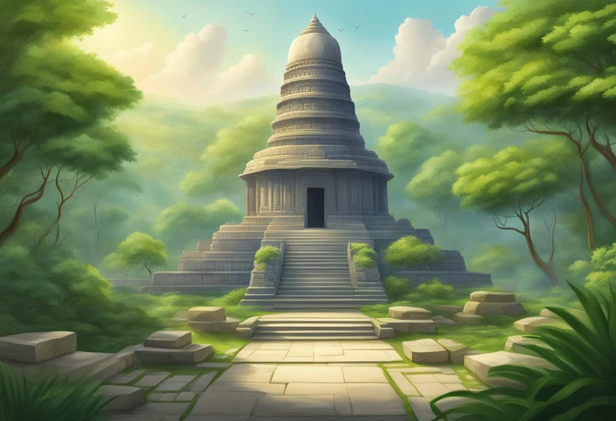 A serene landscape with ancient temples and scriptures of the Rig Veda inscribed on stone tablets, surrounded by lush greenery and a tranquil atmosphere