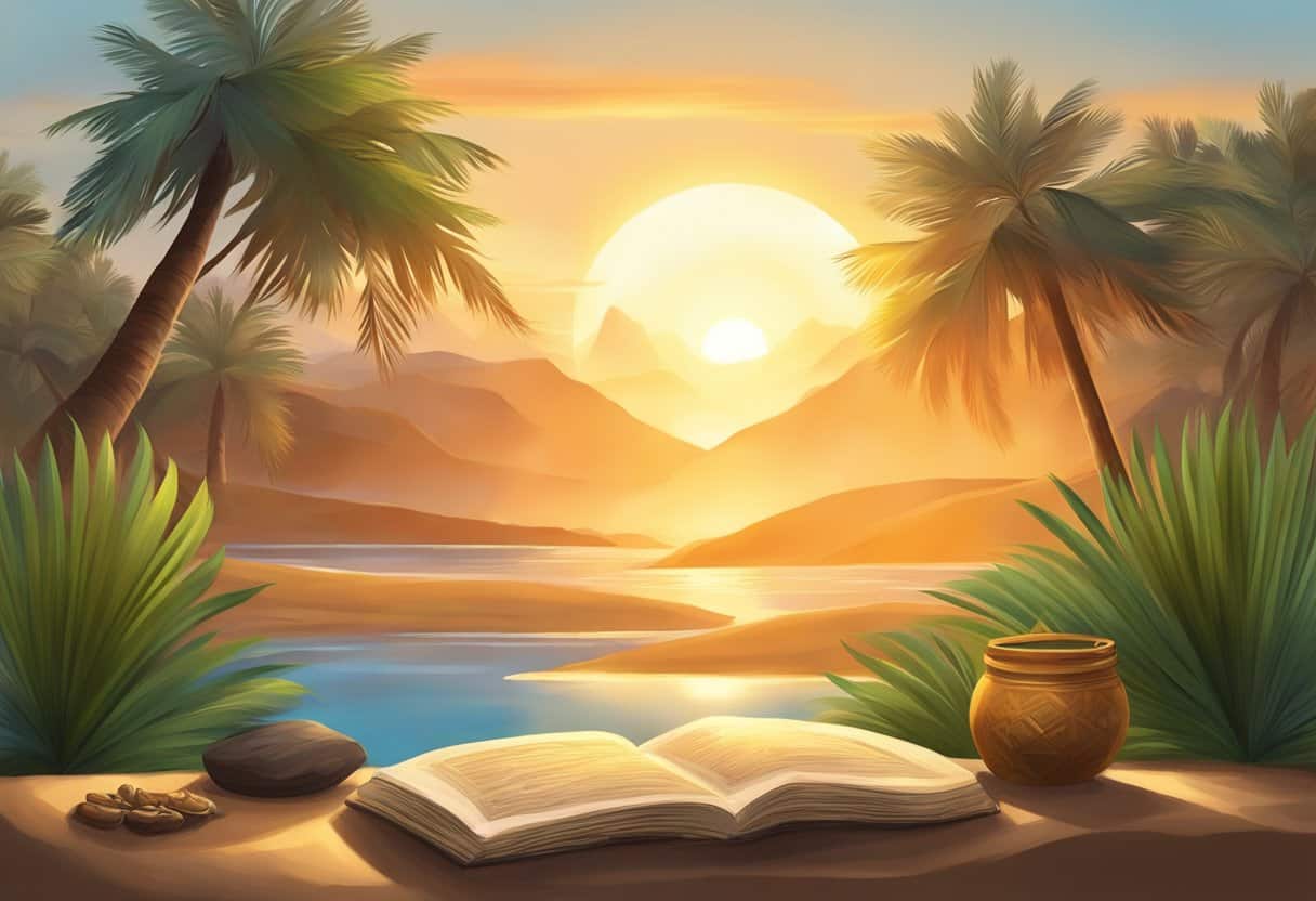 The sun rises over a serene landscape, with a sacred fire burning in the distance and ancient texts inscribed on palm leaves scattered around