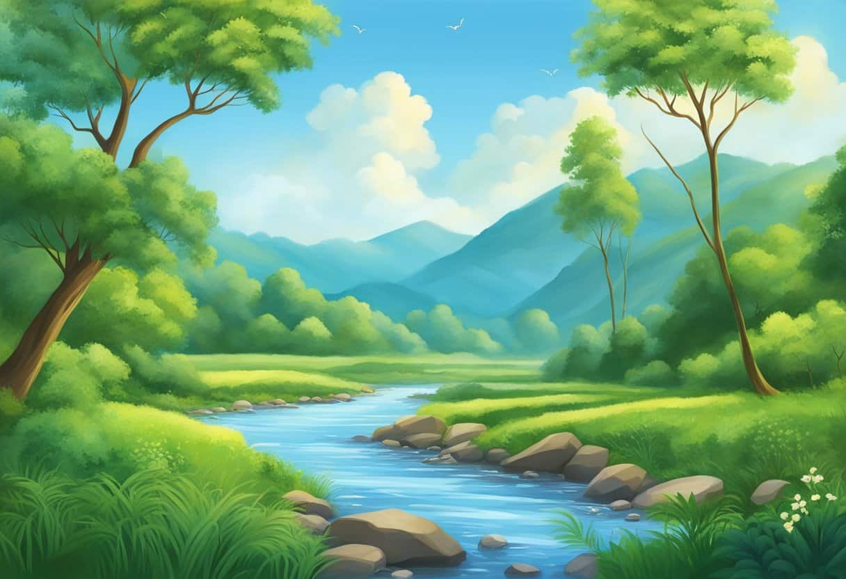 The scene depicts a serene landscape with a flowing river, lush greenery, and a clear blue sky, symbolizing the philosophical themes of nature and spirituality found in the Rig Veda