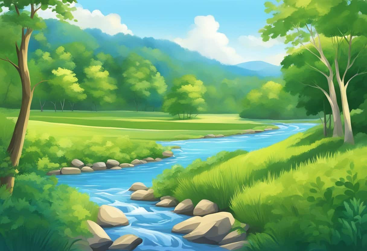 The scene depicts a tranquil landscape with a flowing river, lush greenery, and a clear blue sky, evoking a sense of peace and serenity