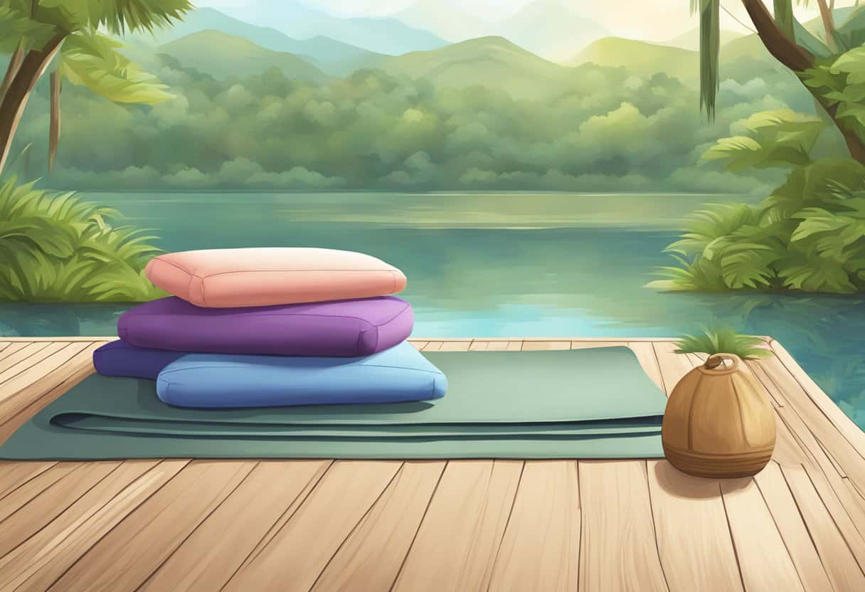 A serene setting with a yoga mat, meditation cushion, and peaceful natural surroundings