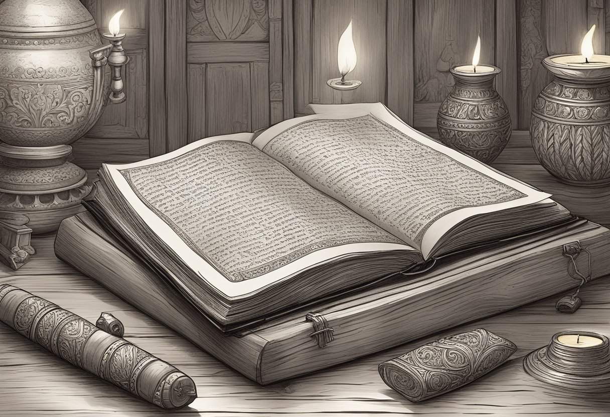 The Rig Veda lies open on a wooden table, surrounded by ancient artifacts and flickering candlelight
