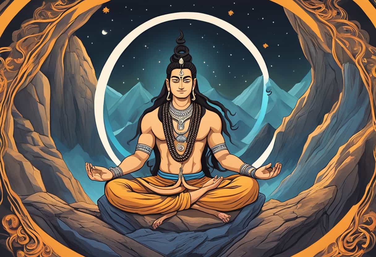 Shiva meditating in a mountain cave, surrounded by a ring of fire, with a crescent moon and a snake on his head