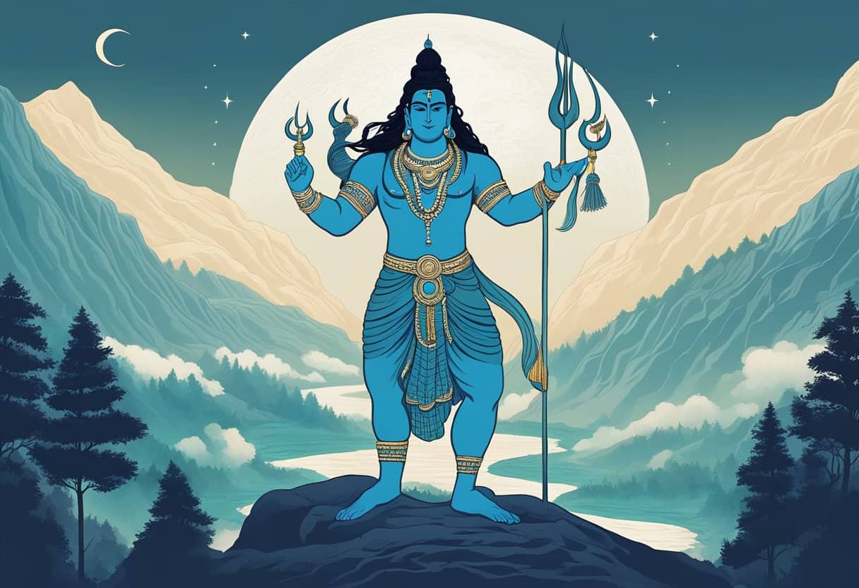 Shiva, the Hindu deity, stands atop a mountain, surrounded by flowing rivers and lush forests, with a crescent moon adorning his matted hair