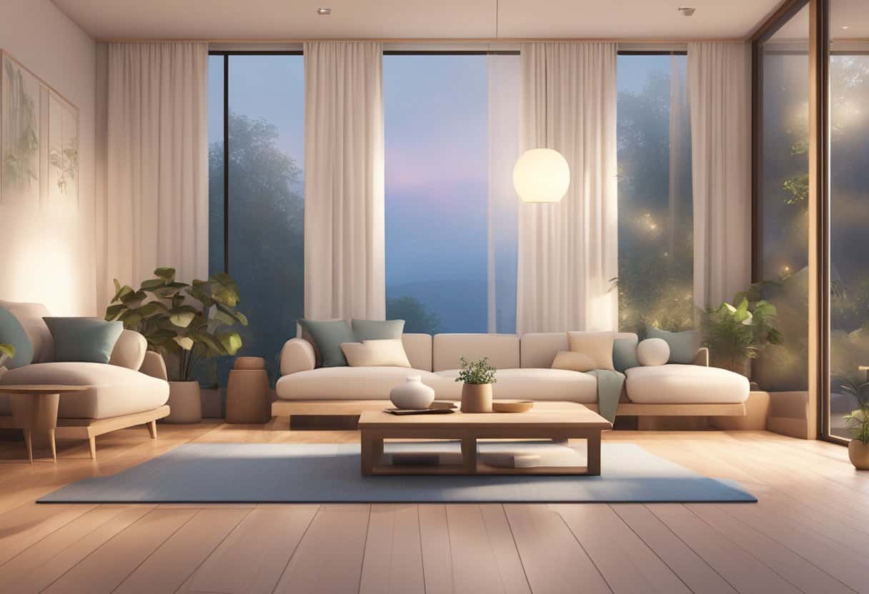 A serene yoga and meditation space with calming colors, soft lighting, and comfortable seating arrangements. A sense of tranquility and peacefulness permeates the atmosphere