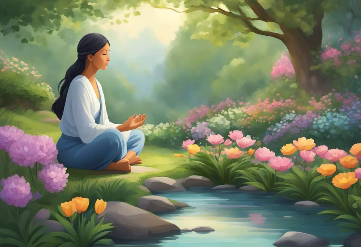 A serene figure meditates in a peaceful garden, surrounded by blooming flowers and lush greenery. The gentle sound of a trickling stream adds to the tranquil atmosphere