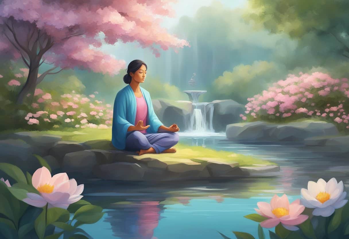 A serene figure meditates in a tranquil garden, surrounded by blooming flowers and flowing water, with a sense of peace and tranquility in the air