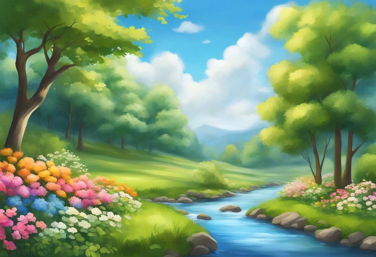 A serene landscape with a peaceful stream, surrounded by lush green trees and colorful flowers, under a clear blue sky with fluffy white clouds