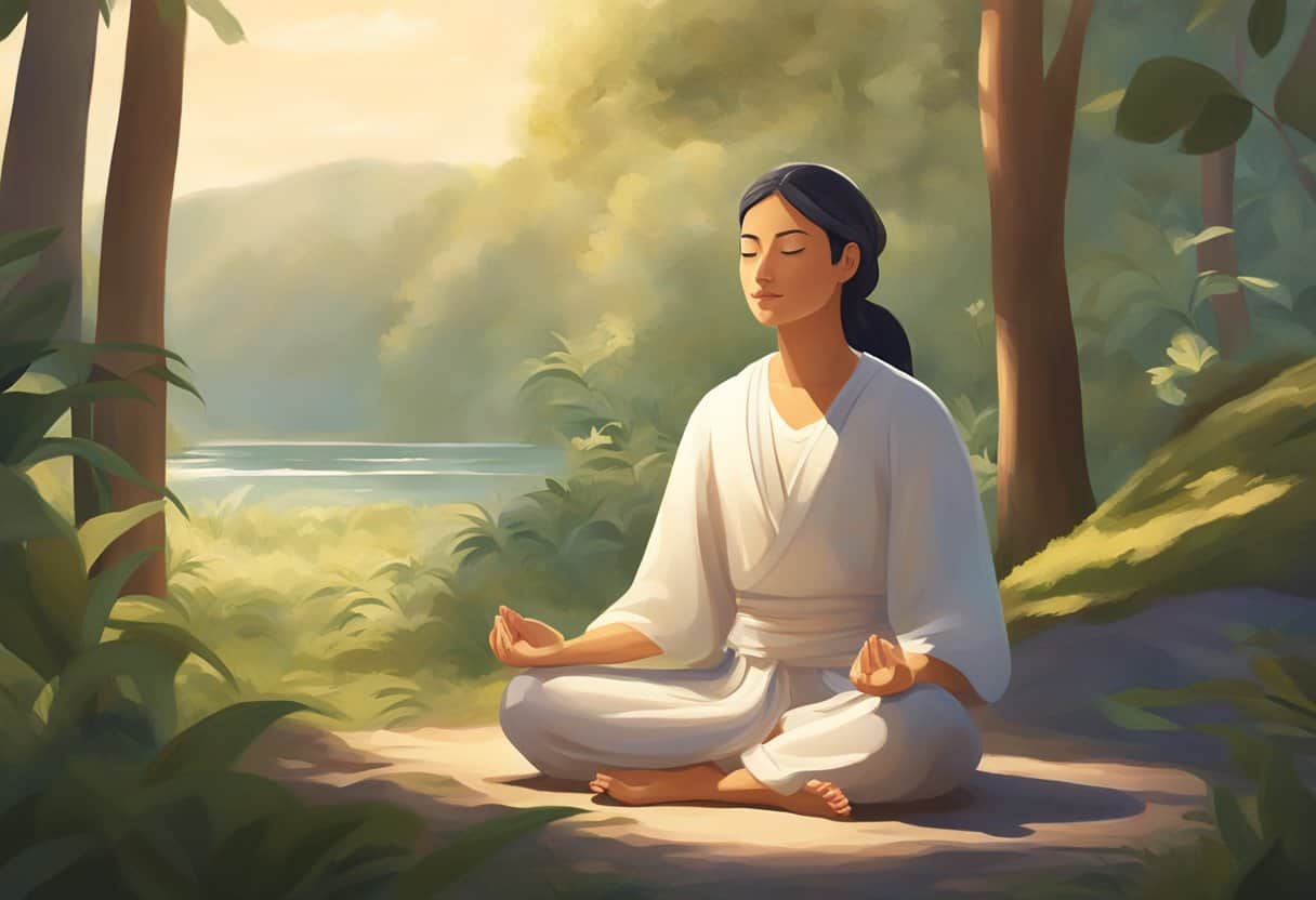 A serene figure meditates in a peaceful setting, surrounded by nature and bathed in soft, warm light
