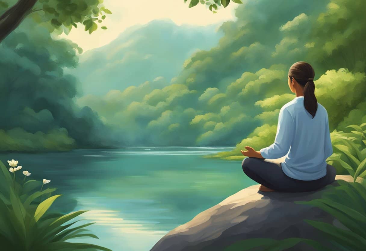 A serene figure meditates in a peaceful natural setting, surrounded by lush greenery and tranquil water. The atmosphere is calm and serene, with a sense of deep introspection and mindfulness