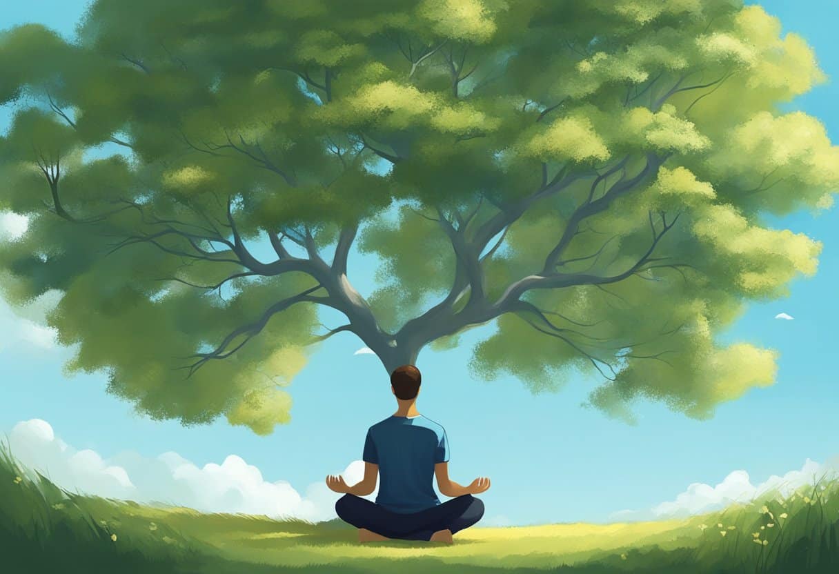 A peaceful figure meditates under a tree, surrounded by serene nature and a clear blue sky
