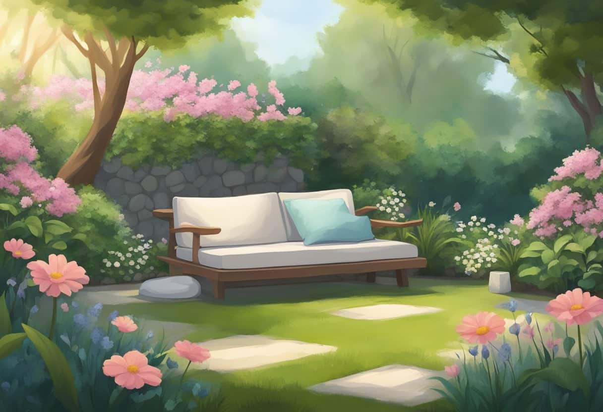A serene garden with a peaceful atmosphere, a cushion placed on the ground for meditation, surrounded by blooming flowers and lush greenery