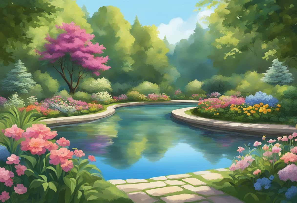 A serene garden with a tranquil pond and vibrant flowers, surrounded by tall, lush trees and a clear blue sky above