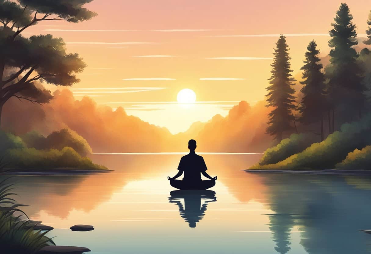 A serene setting with a person meditating in nature, surrounded by trees, a calm lake, and the sun setting in the background
