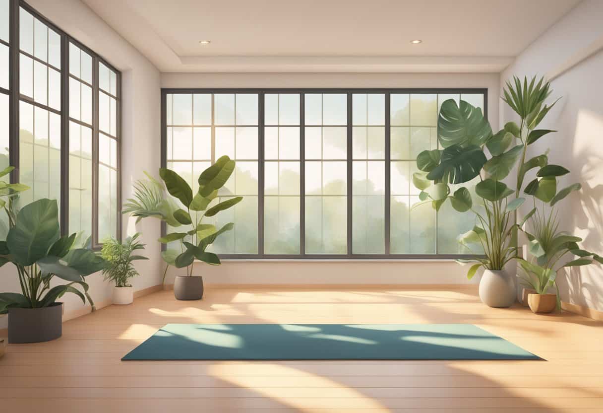 The serene yoga studio is filled with soft natural light, creating a peaceful ambiance. A single candle flickers on the floor, casting a warm glow. The room is adorned with plants and inspirational quotes, promoting a sense of tranquility and mindfulness