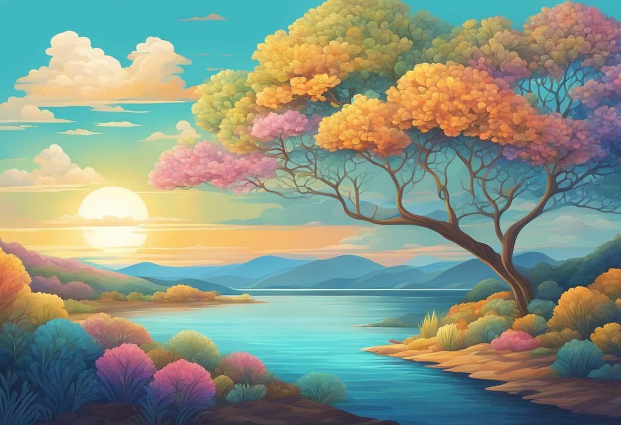 A serene landscape with a distant horizon, framed by vibrant colors and intricate patterns