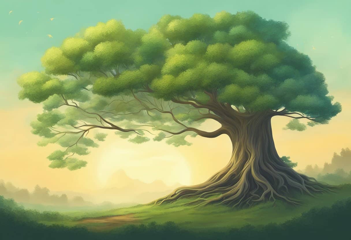 A serene forest with a solitary tree, its roots intertwined with the earth, and a gentle breeze rustling the leaves