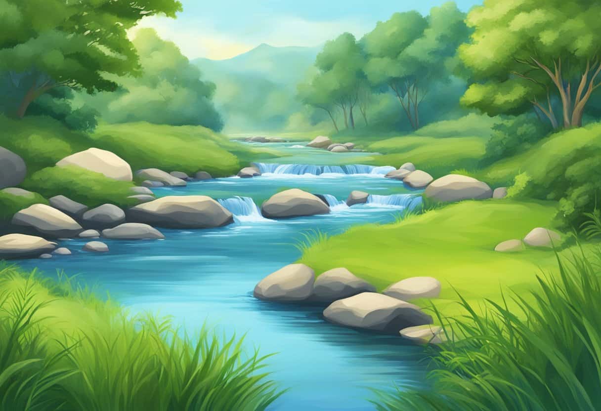 A serene landscape with a flowing river, lush greenery, and a clear blue sky, representing the tranquility and oneness of Advaita meditation