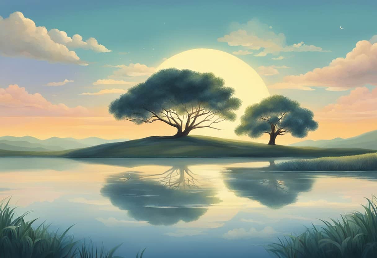 A serene landscape with a tree in the foreground and a vast, open sky above. The scene exudes a sense of tranquility and expansiveness, inviting contemplation and connection with the universe