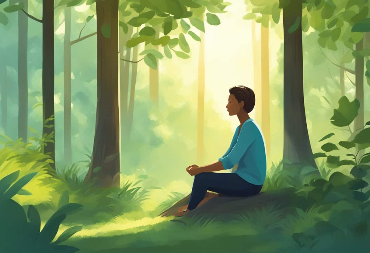 A serene, solitary figure sits cross-legged in a tranquil, sun-dappled forest clearing, surrounded by lush greenery and the gentle sounds of nature