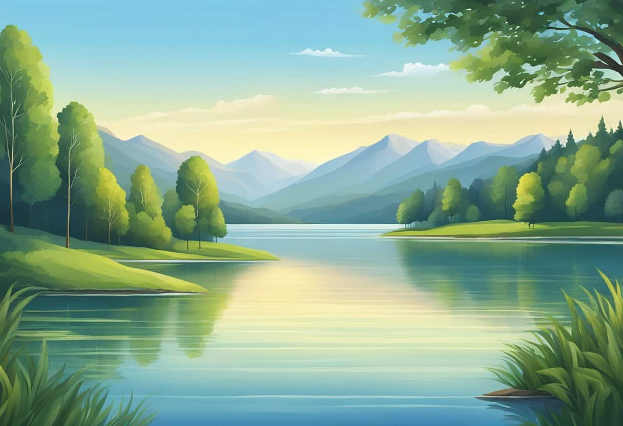 A serene landscape with a calm lake, surrounded by lush greenery and mountains in the distance, under a clear blue sky