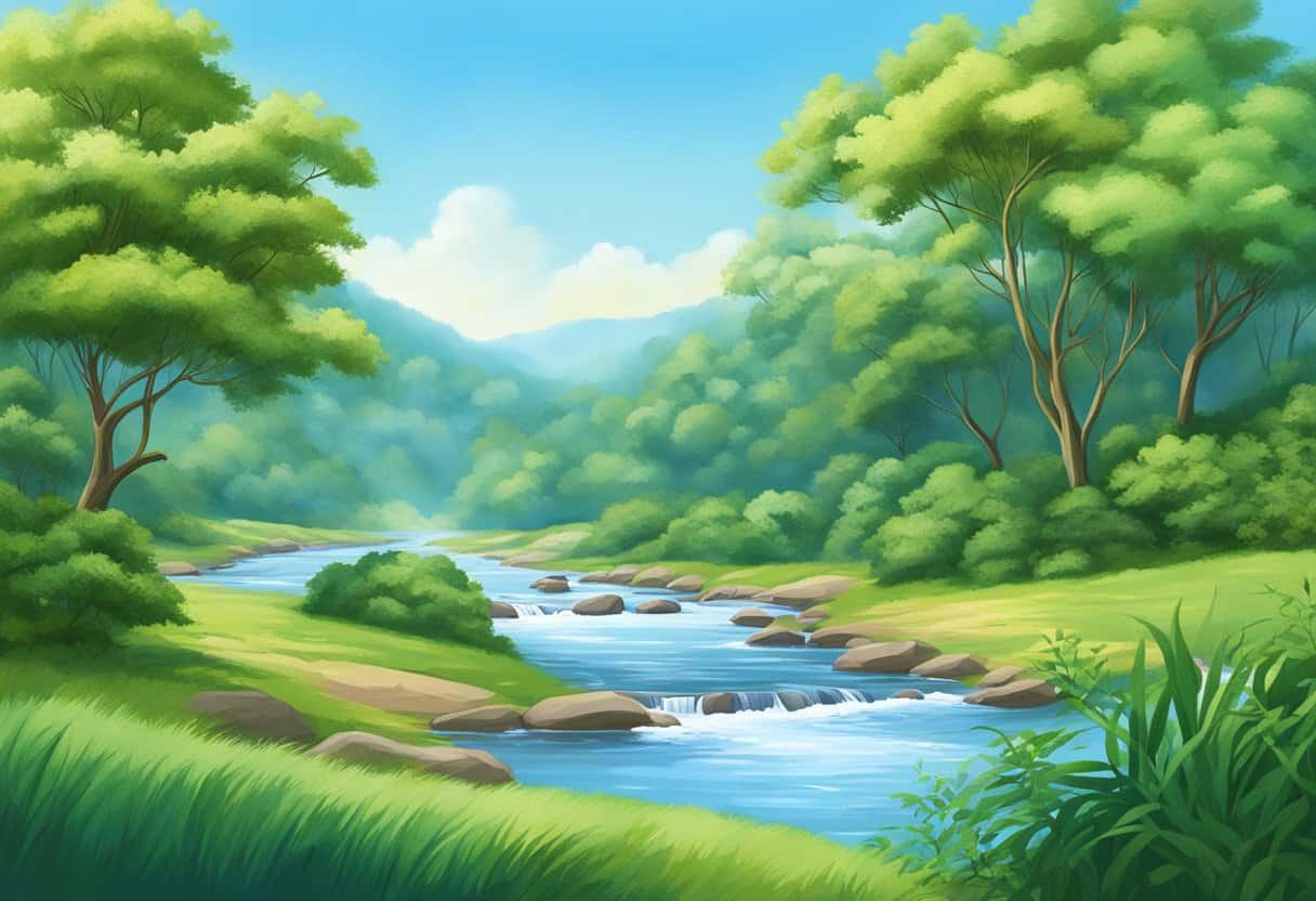 A serene landscape with a tranquil river flowing through lush greenery, under a clear blue sky, capturing the essence of Advaita Vedanta meditation