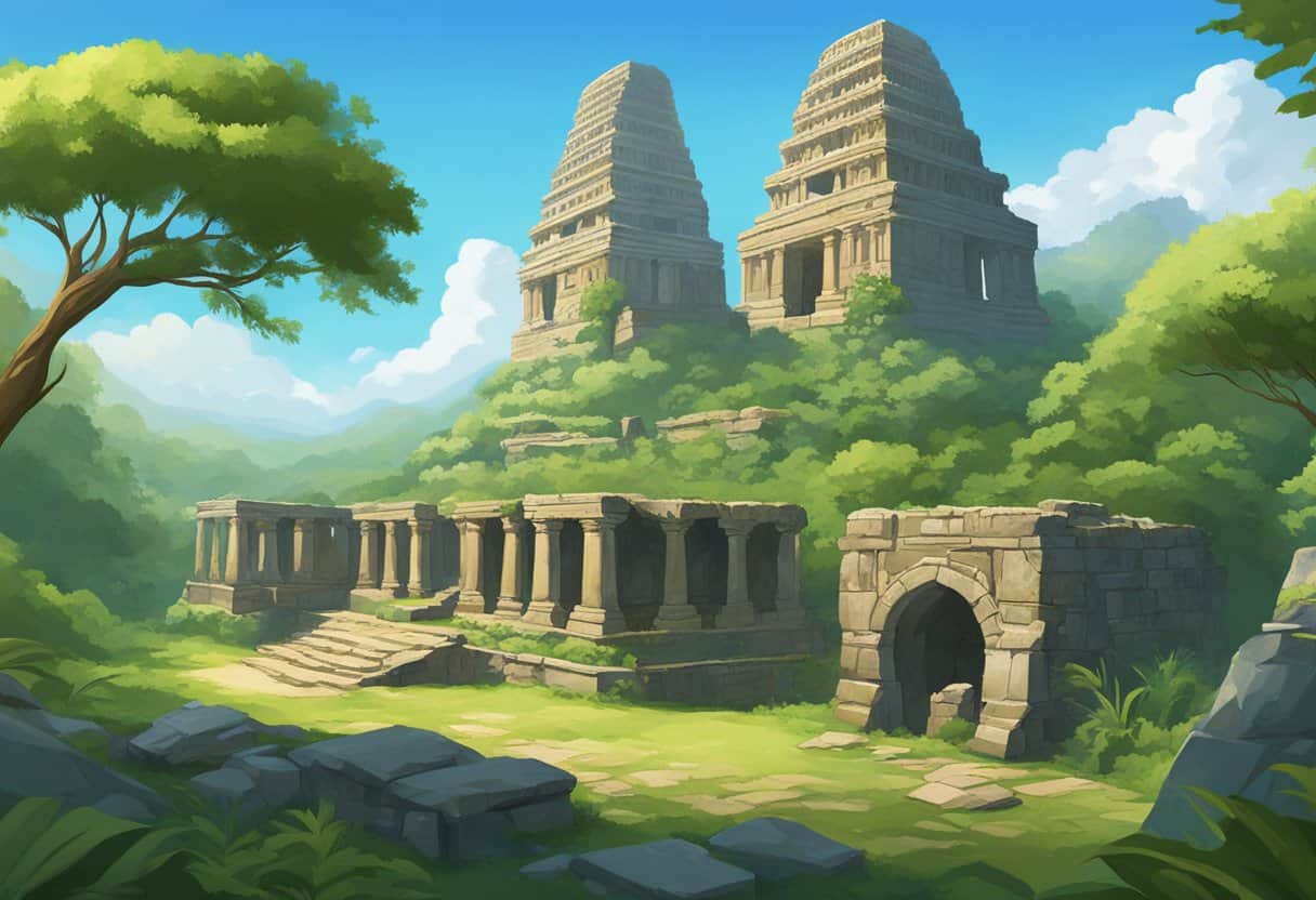The ancient Canon Pali sits among ruins, surrounded by lush greenery, under a bright blue sky
