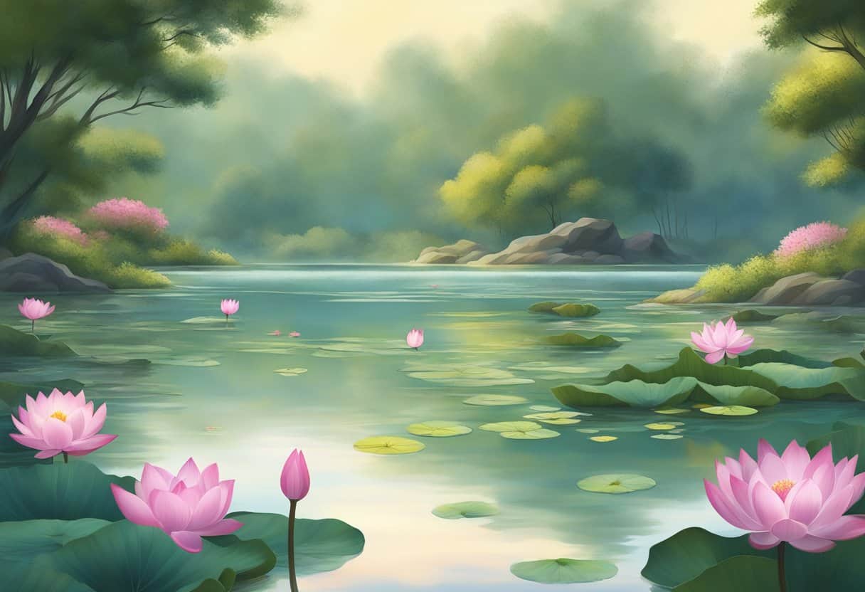 A serene lake surrounded by blooming lotus flowers, with a gentle breeze ruffling the water's surface