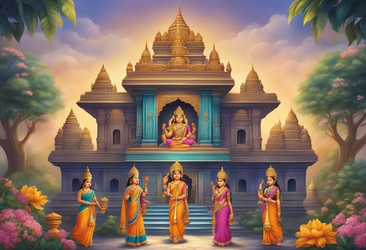 A vibrant temple adorned with intricate carvings of Hindu deities, with devotees offering flowers and incense to the goddess Lakshmi