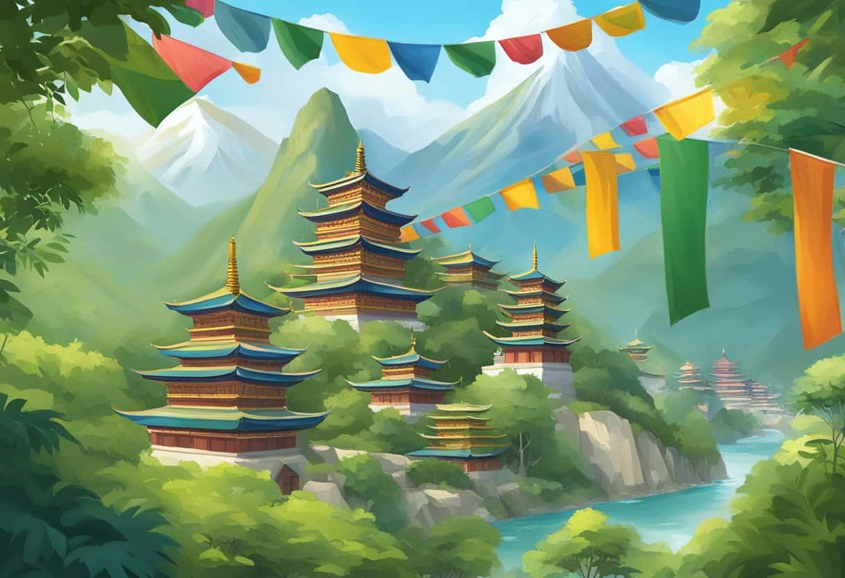 A serene mountain landscape with ornate Buddhist temples nestled among lush greenery, with colorful prayer flags fluttering in the breeze