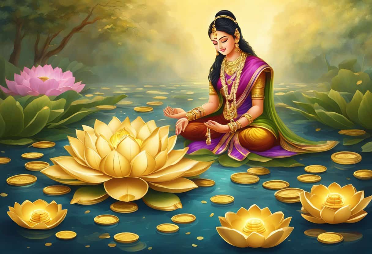 A golden lotus blooms, surrounded by shimmering coins and overflowing vessels of grain, as worshippers offer prayers to the goddess Lakshmi