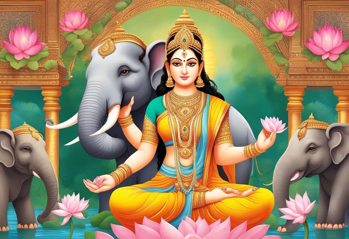 Lakshmi, the Hindu goddess of wealth and prosperity, sits on a lotus flower surrounded by elephants, symbolizing her grace and abundance