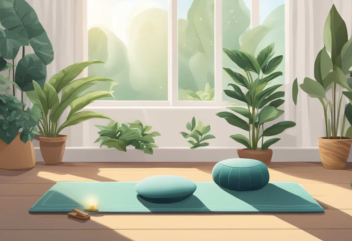 A serene room with a yoga mat and meditation cushion, surrounded by plants and natural light. A peaceful atmosphere with incense and calming music